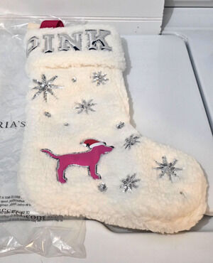 Victoria's Secret PINK Christmas Stocking White with Pink Dog with Santa Hat NEW